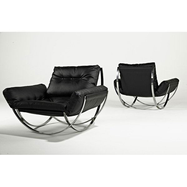 MILO BAUGHMAN; THAYER COGGIN Pr. of lounge chairs: MILO BAUGHMAN; THAYER COGGIN; Pair of lounge chairs, High Point, NC, 1970s; Chromed steel, leather; Unmarked; 31 1/2" x 42" x 41"