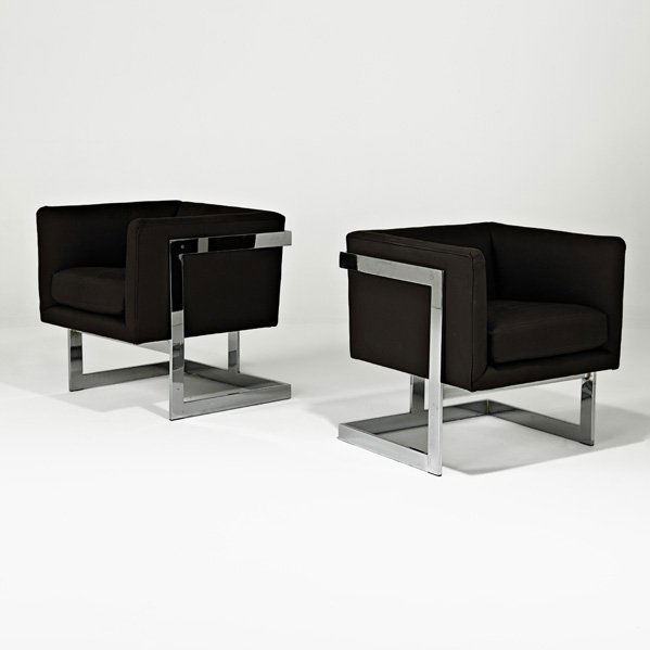 MILO BAUGHMAN Pair of T-frame club chairs: MILO BAUGHMAN; THAYER COGGIN; Pair of T-frame club chairs, High Point, NC, 1970s; Chromed steel, canvas; Manufacturer's label to one; 26" x 24 1/4" x 24 3/4"