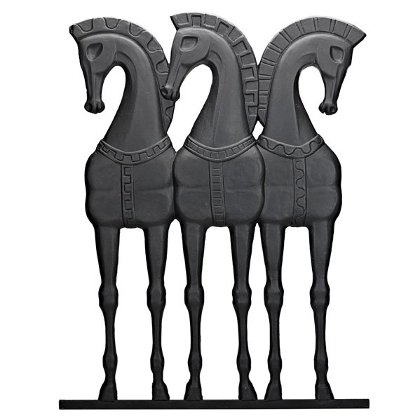 FREDERICK WEINBERG Wall hanging sculpture: FREDERICK WEINBERG; Wall hanging sculpture with three stylized horses, USA, 1950s; Painted composite; Unmarked; 36" x 23" x 1"
