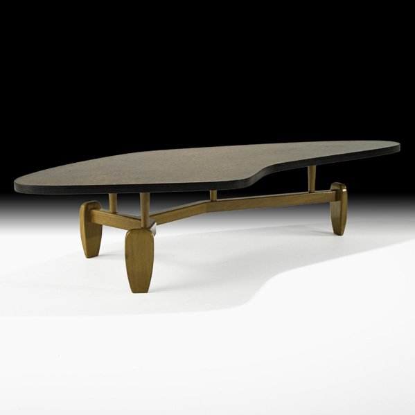 JOHN KEAL Amoeba coffee table: JOHN KEAL; BROWN SALTMAN; Amoeba coffee table, USA, 1950s; Burl wood, Honduran mahogany; Decal label; 14 1/2" x 16" x 29"
