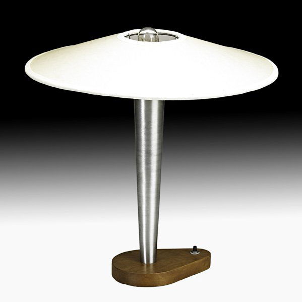 RICHARD KELLY Table lamp: RICHARD KELLY (1910-1977); KELLY & THOMPSON; Table lamp, USA, ca. 1940; Aluminum, steel, cherry, paper; Unmarked; Overall: 15 3/4" x 15" dia. Note: A similar example is in the collection of the Museum