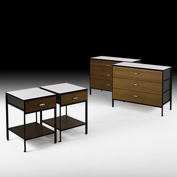 GEORGE NELSON Pair of dressers and nightstands: GEORGE NELSON; HERMAN MILLER; Pair of Steelframe dressers and nightstands, Zeeland, MI,1950s; Laminate, enameled steel, walnut, chromed metal; Nightstands and one dresser have metal labels; Dressers: 