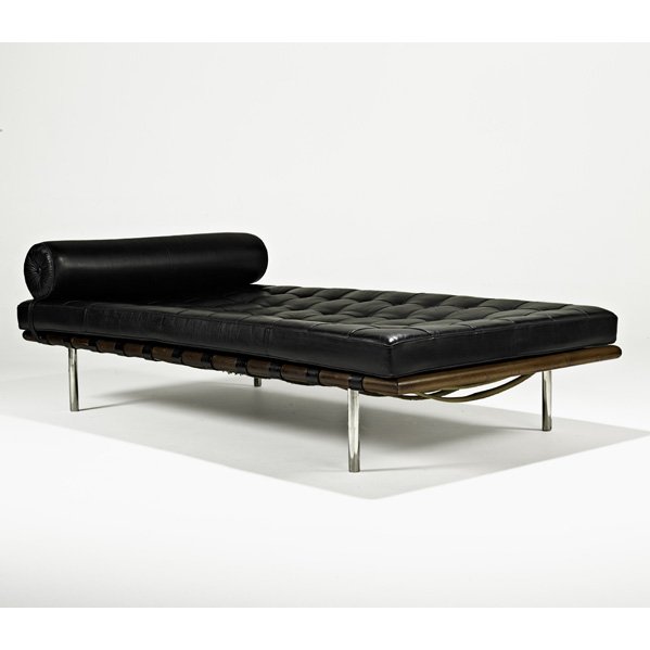 MIES VAN DER ROHE; KNOLL INTERNATIONAL Daybed: MIES VAN DER ROHE; KNOLL INTERNATIONAL; Daybed, USA, 1970s; Leather, walnut, stainless steel; Upholstery label; 25" x 78" x 39"