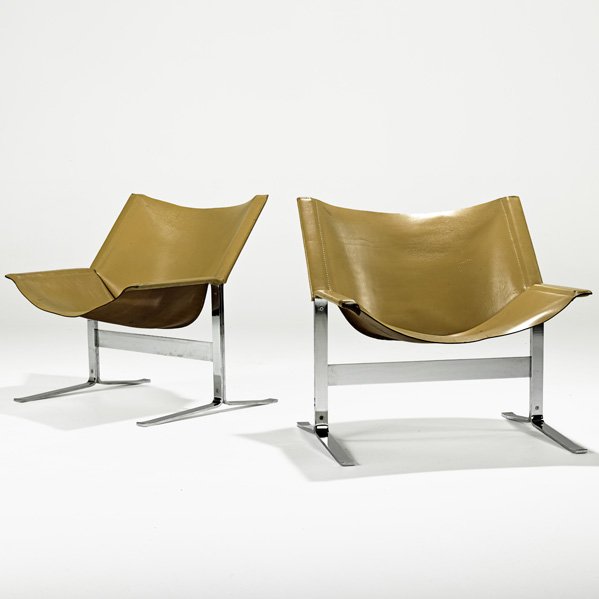 CLEMENT MEADMORE Pair of Sling chairs: CLEMENT MEADMORE; Sling chair (no. 248), Australia, 1960s; Chromed steel, saddle leather; Unmarked; 28 1/2" x 29" x 23 1/2"