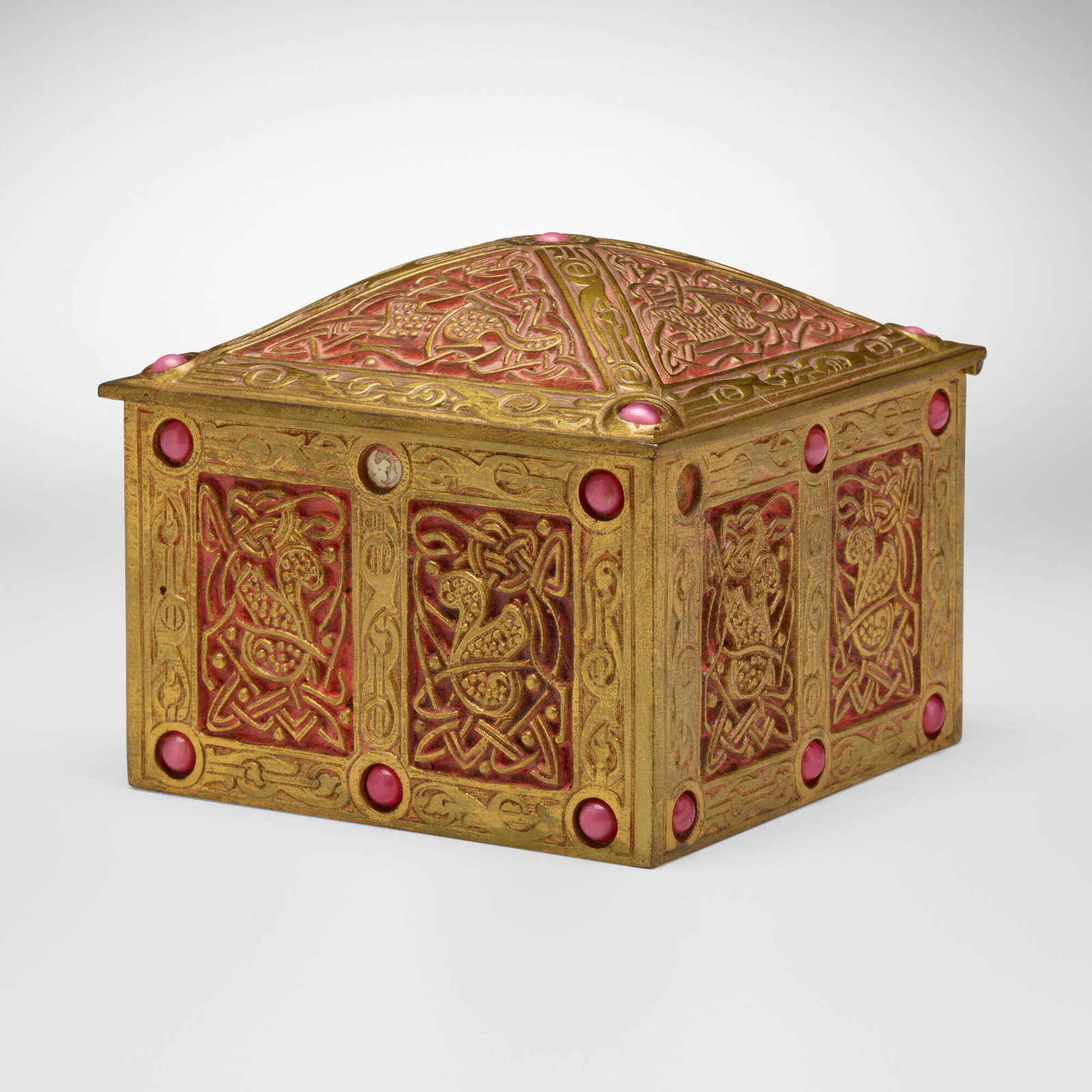 Tiffany Studios, Rare pink Ninth Century inkwell: Tiffany Studios Rare pink Ninth Century inkwell USA, c. 1915 gilt and polychromed bronze, glass 3.5 h x 4.25 w x 4.25 d in (9 x 11 x 11 cm) Impressed to underside 'TIFFANY STUDIOS NEW YORK 1621