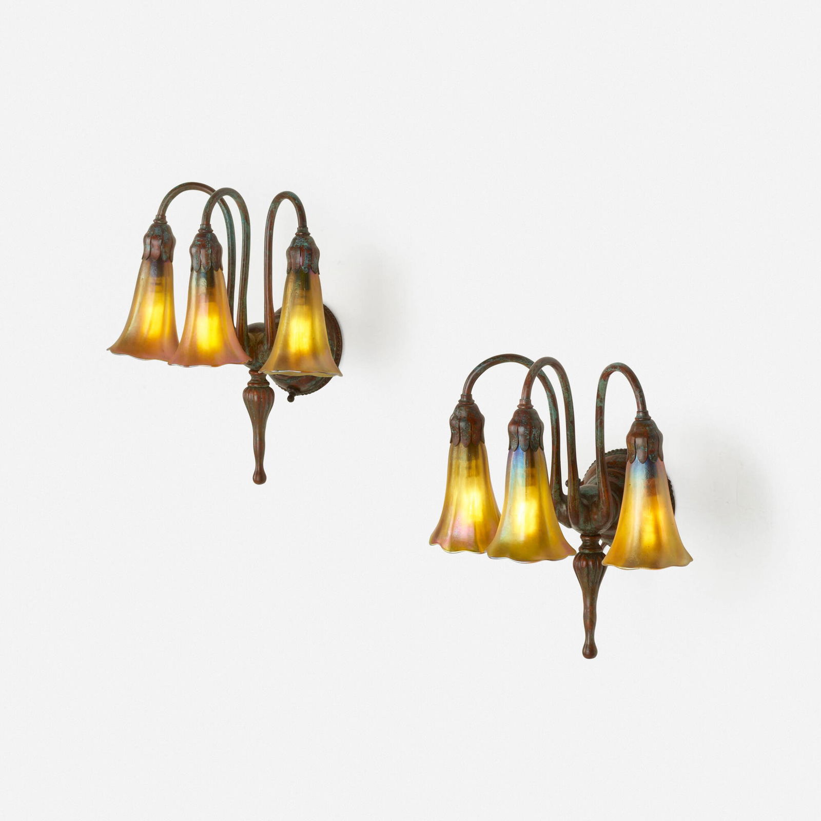 Tiffany Studios, Three-light Lily sconces, pair (1 of 5)