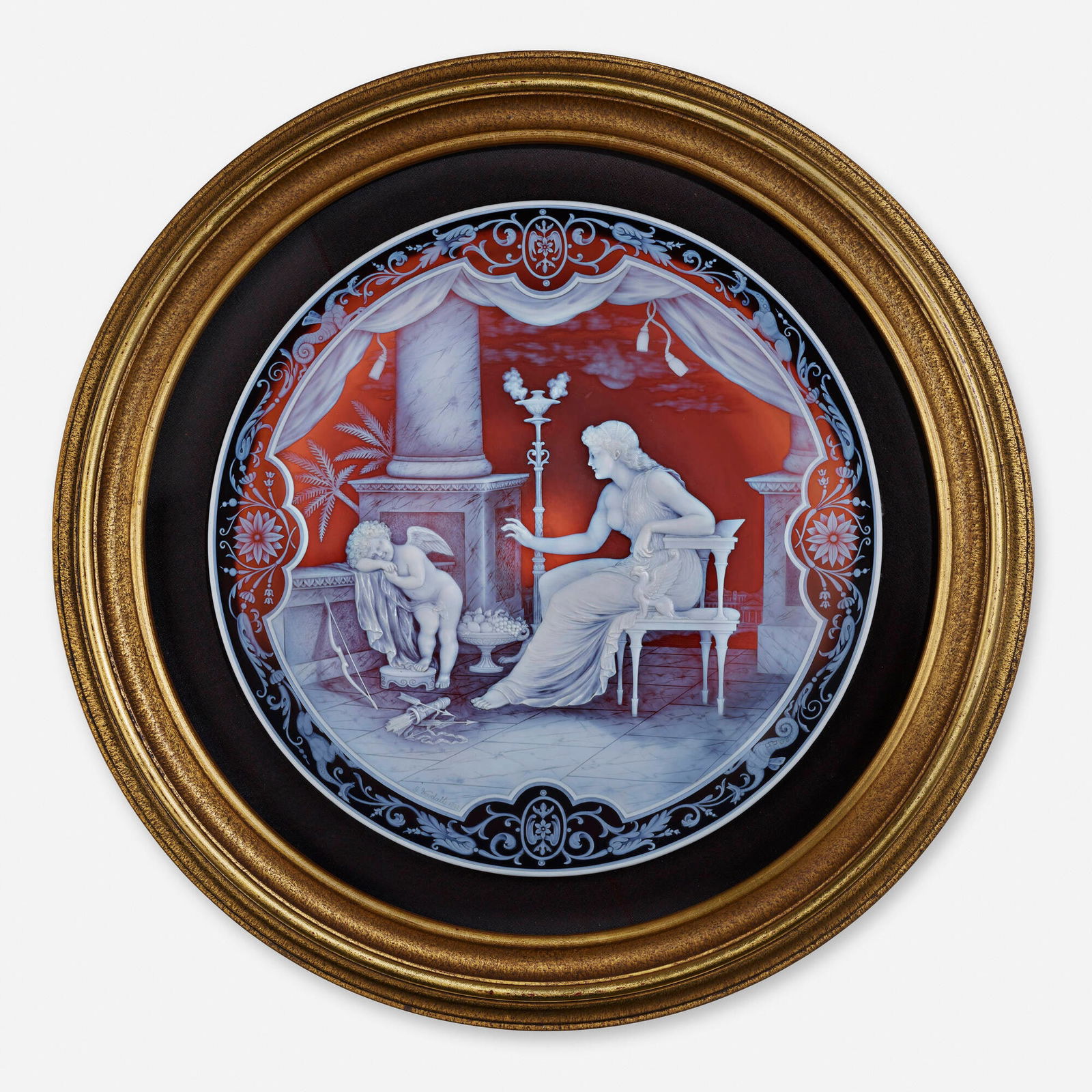 George Woodall for Thomas Webb & Sons, Exceptional Cupid in Disgrace plaque: George Woodall for Thomas Webb & Sons Exceptional Cupid in Disgrace plaque England, 1892acid-etched and wheel-carved cameo glass .5 d x 13 dia in (1 x 33 cm) Etched signature and date to lower