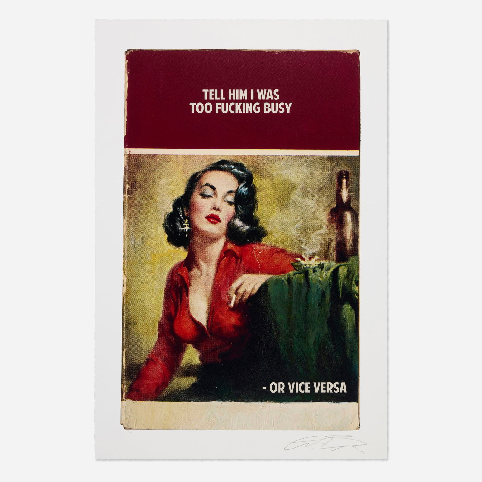 The Connor Brothers, Tell Him I Was Too Fucking Busy - or Vice Versa: The Connor Brothers Tell Him I Was Too Fucking Busy - or Vice Versa 2020giclée in colors with screenprinted varnish image: 25.375 h × 15.875 w in (64 × 40 cm) sheet: 29.375 h &