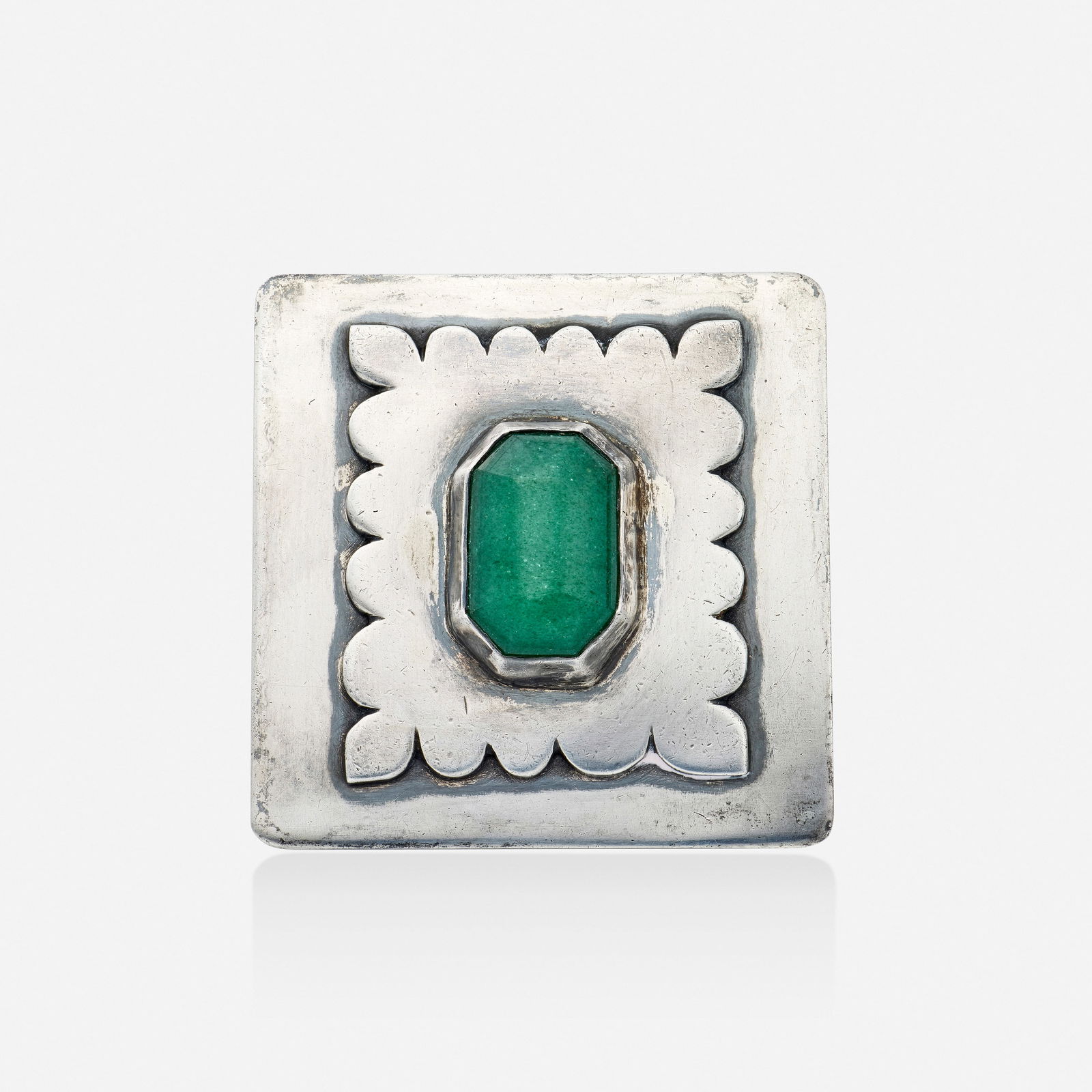 Sam Kramer, Sterling silver and aventurine brooch: Sam Kramer Sterling silver and aventurine brooch Set with a mixed-cut aventurine; 1950s Sterling silver Signed with maker's mark for Sam Kramer 2 x 2 in; Gross weight 31.4 dwts