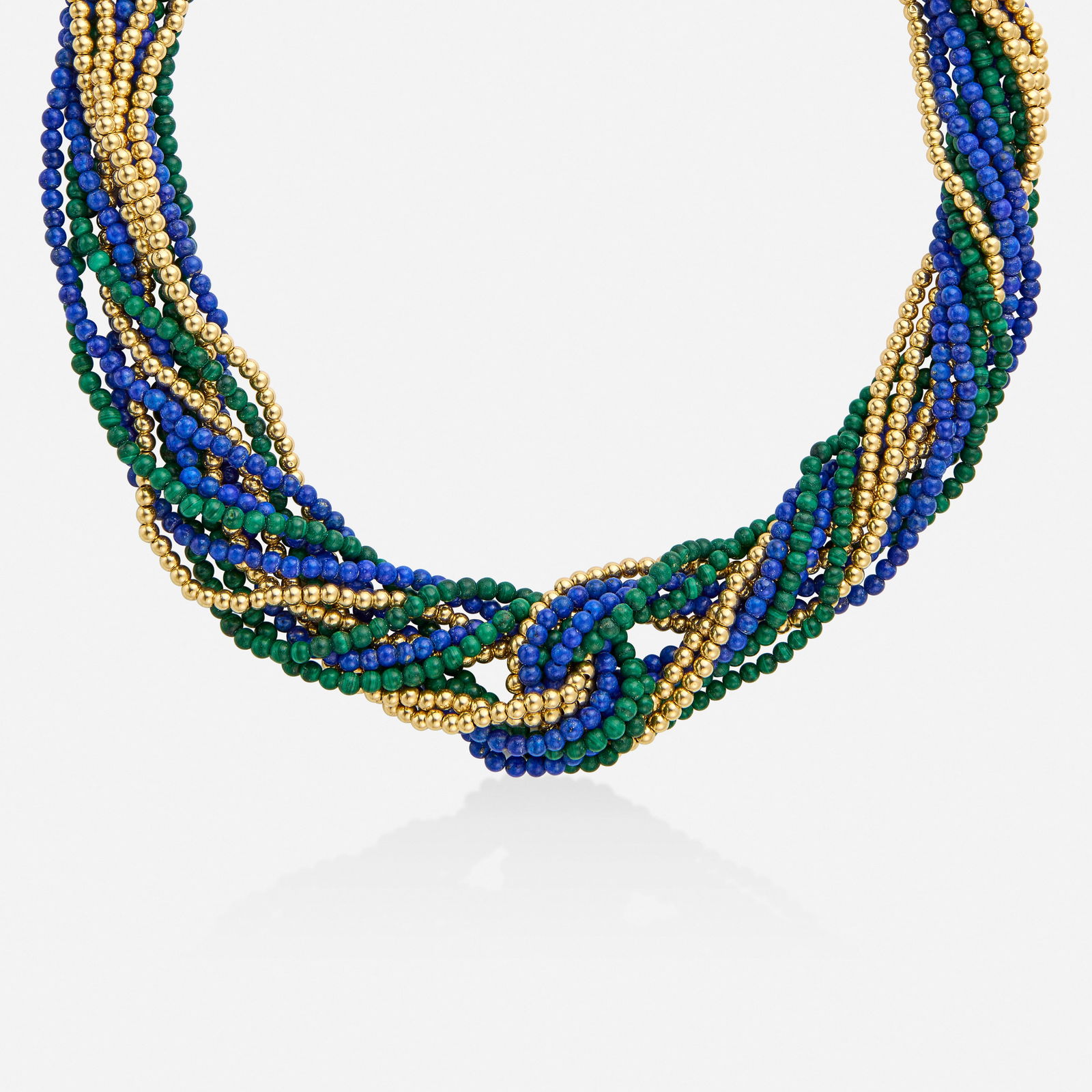 Multi-strand lapis lazuli, malachite, and gold necklace (1 of 3)