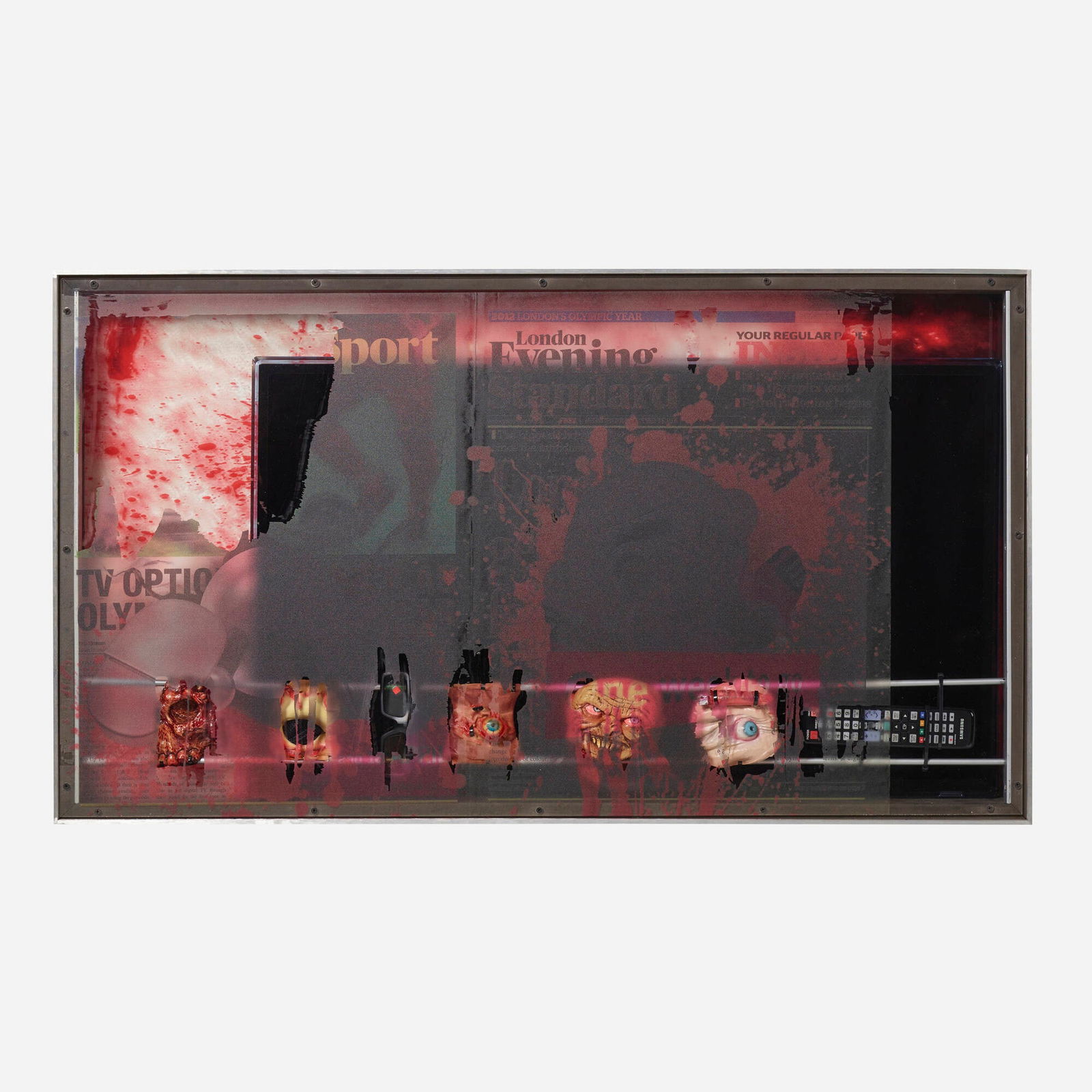 Simon Denny, Analogue/Digital Transmission Switchover: Simon Denny Analogue/Digital Transmission Switchover: Evening Standard/Digital UK, London 2 (from the Television Transition Horror Vitrines series) 2012Samsung 40UD 6500 3D television, digital prints