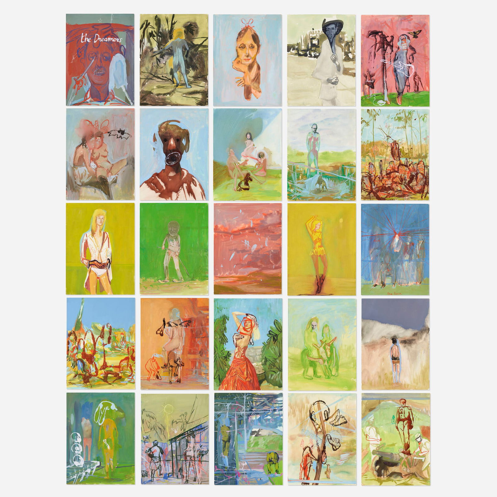 Alessandro Pessoli, The Dreamers: Alessandro Pessoli The Dreamers 2002watercolor and tempera on paper in twenty-five parts each: 15.75 h x 11.75 w in (40 x 30 cm) overall: 78.75 h x 58.75 w in (200 x 149 cm) Signed, titled