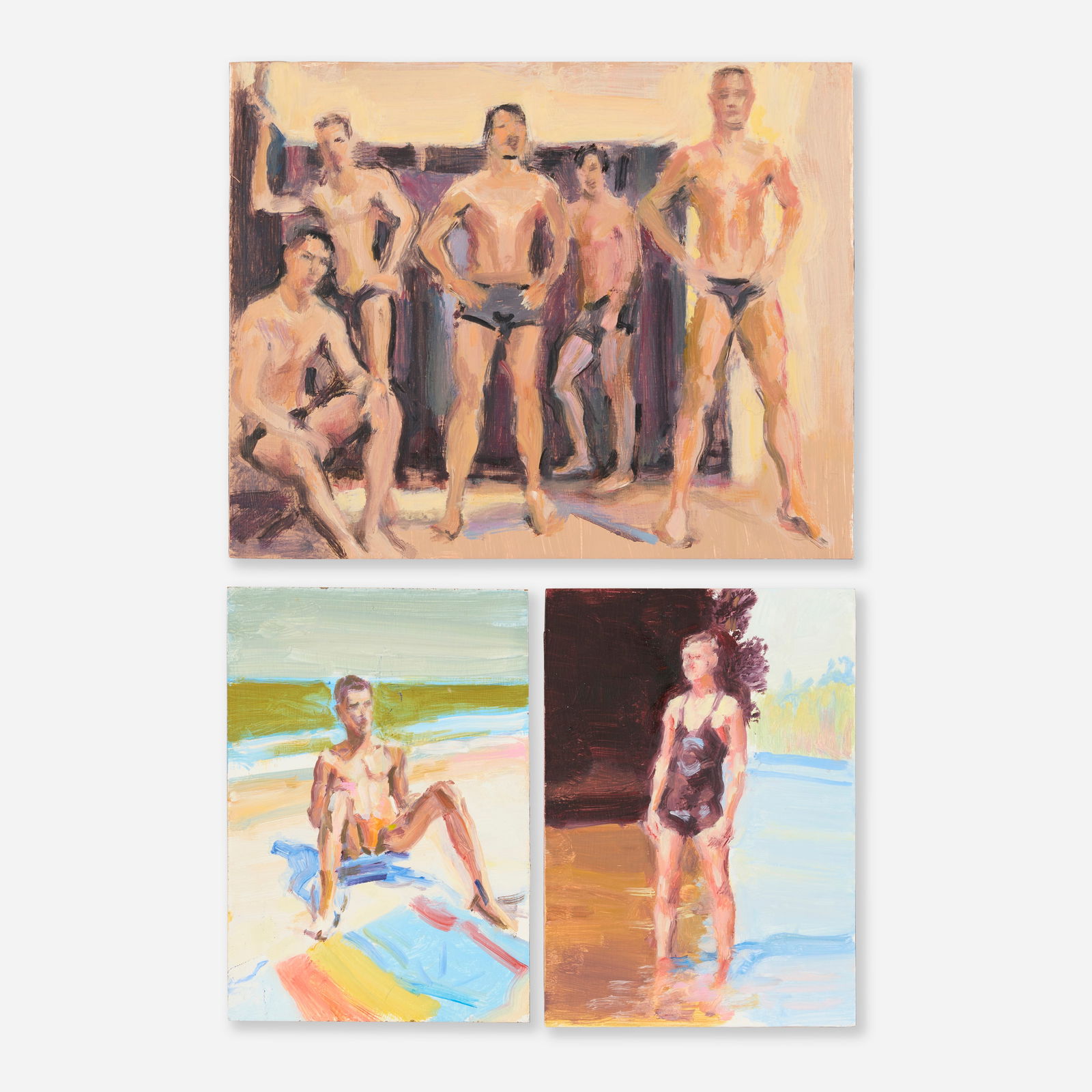 McWillie Chambers, Man with Striped Towel; Wading in the Lake; Locker Room (three works) (1 of 3)
