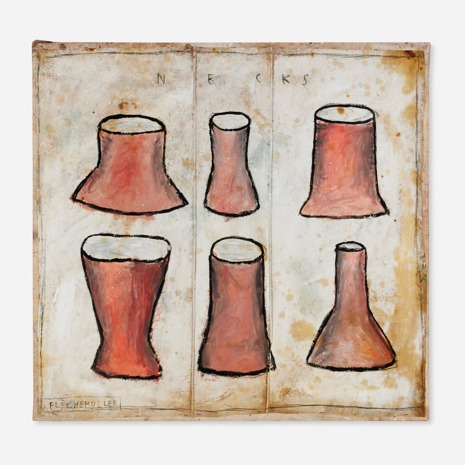 Jacques Flechemuller, Necks: Jacques Flechemuller Necks 1988-89 acrylic on found canvas mounted on canvas 38.625 h × 37.375 w in (98 × 95 cm) Signed to lower left ‘Flechemuller’.