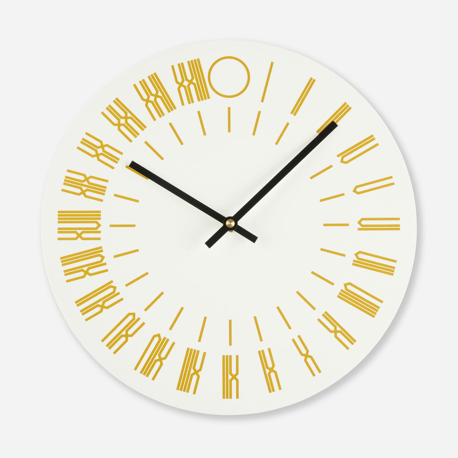 Tauba Auerbach, 24-hour wall clock: Tauba Auerbach 24-hour wall clock The Thing Quarterly2013screenprinted composite, enameled aluminum, brass 1.25 h × 10.5 dia in (3 × 27 cm) Printed manufacturer's mark to