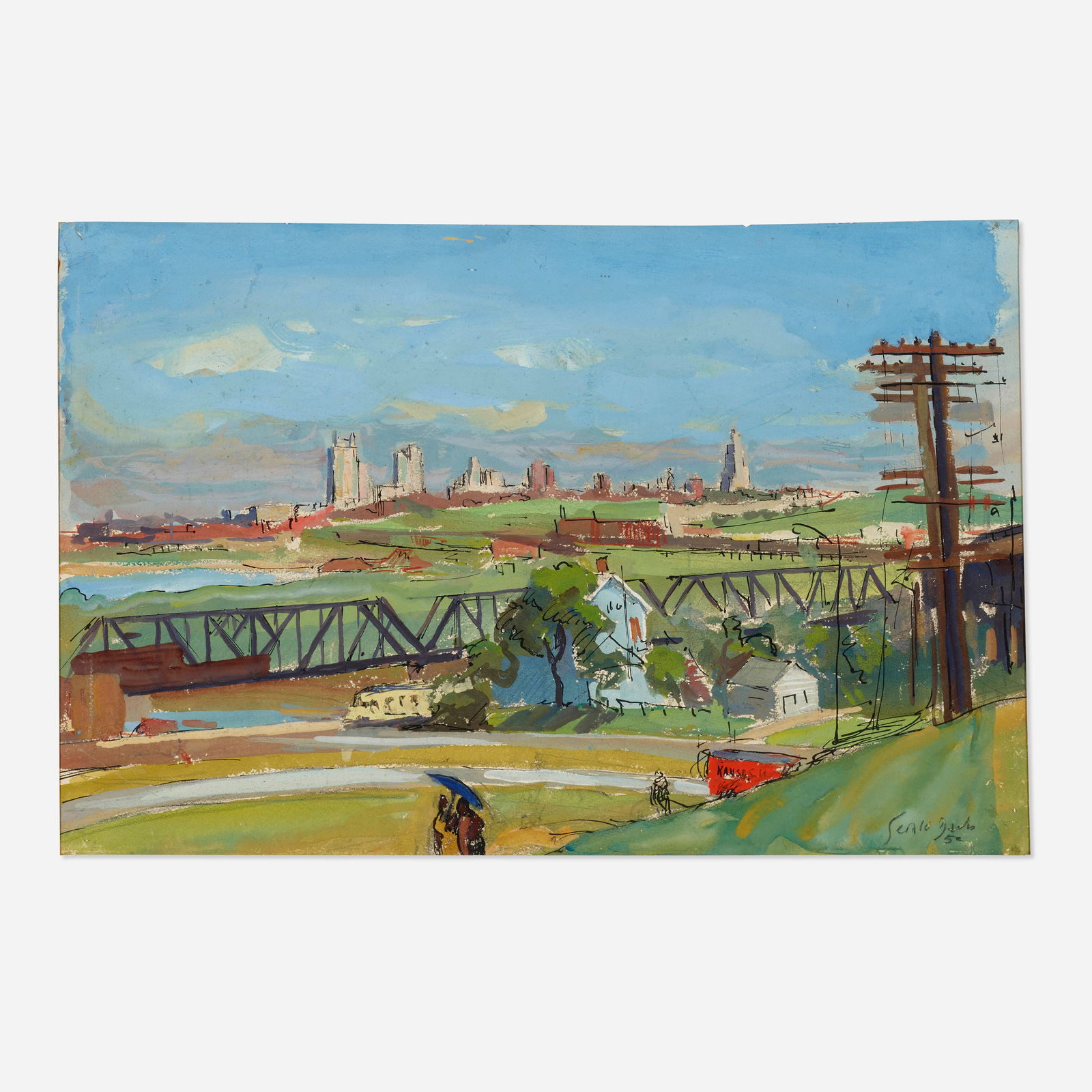 Gerald Vivian Davis, Kansas City Skyline: Gerald Vivian Davis Kansas City Skyline 1950watercolor and gouache on paper sight: 11.75 h × 18 w in (30 × 46 cm) Signed and dated to lower right ‘Gerald Davis 50’.
