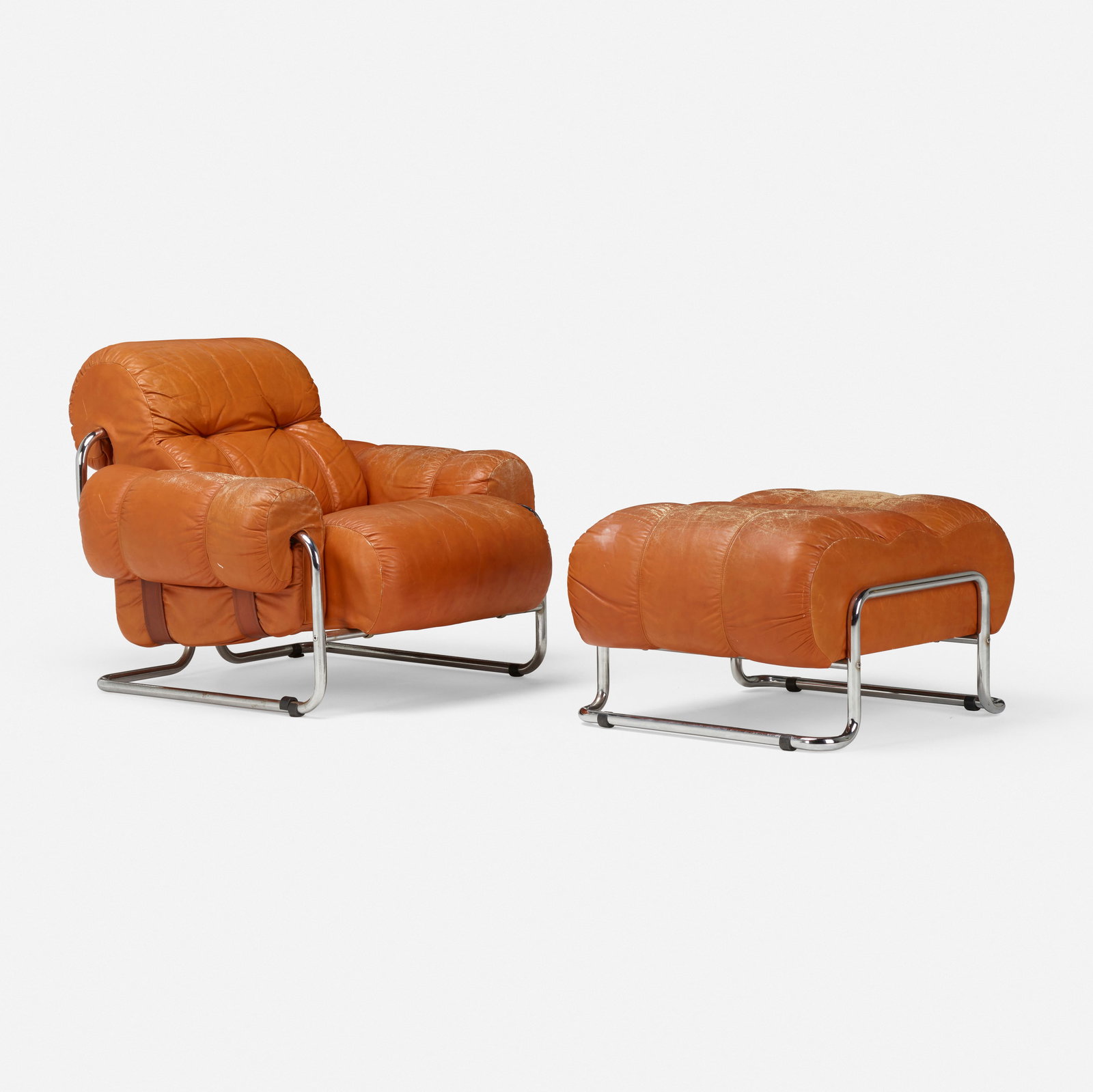 Guido Faleschini, Lounge chair and ottoman: Guido Faleschini Lounge chair and ottoman Mariani Italy, c. 1975 leather, chrome-plated steel, plastic chair: 29 h × 39 w × 40 d in (74 × 99 × 102 cm) ottoman: 17.75