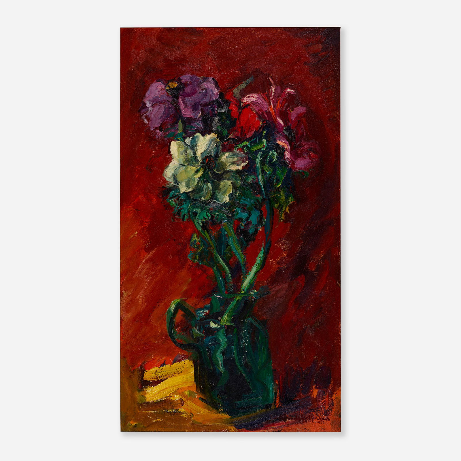 Arnold Hoffmann, Anemones: Arnold Hoffmann Anemones 1953oil on board 27.75 h × 14.875 w in (70 × 38 cm) Signed and dated to lower right ‘Arnold Hoffmann 1953’. This work wi