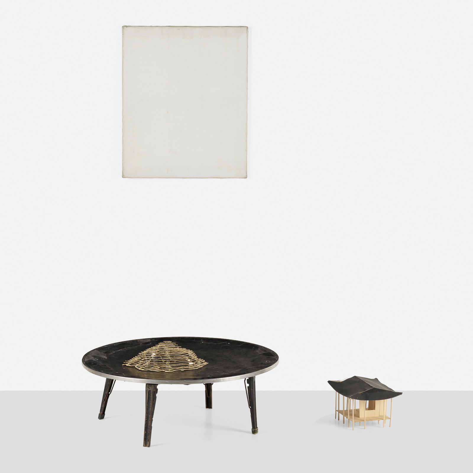 Ian Kiaer, Hakp'o dang (black): Ian Kiaer Hakp'o dang (black) 2001wood, cardstock, wash on canvas, table smallest: 3 h × 12 w × 9 d in (8 × 30 × 23 cm) largest: 10.5 h × 29 dia in (27 × 74