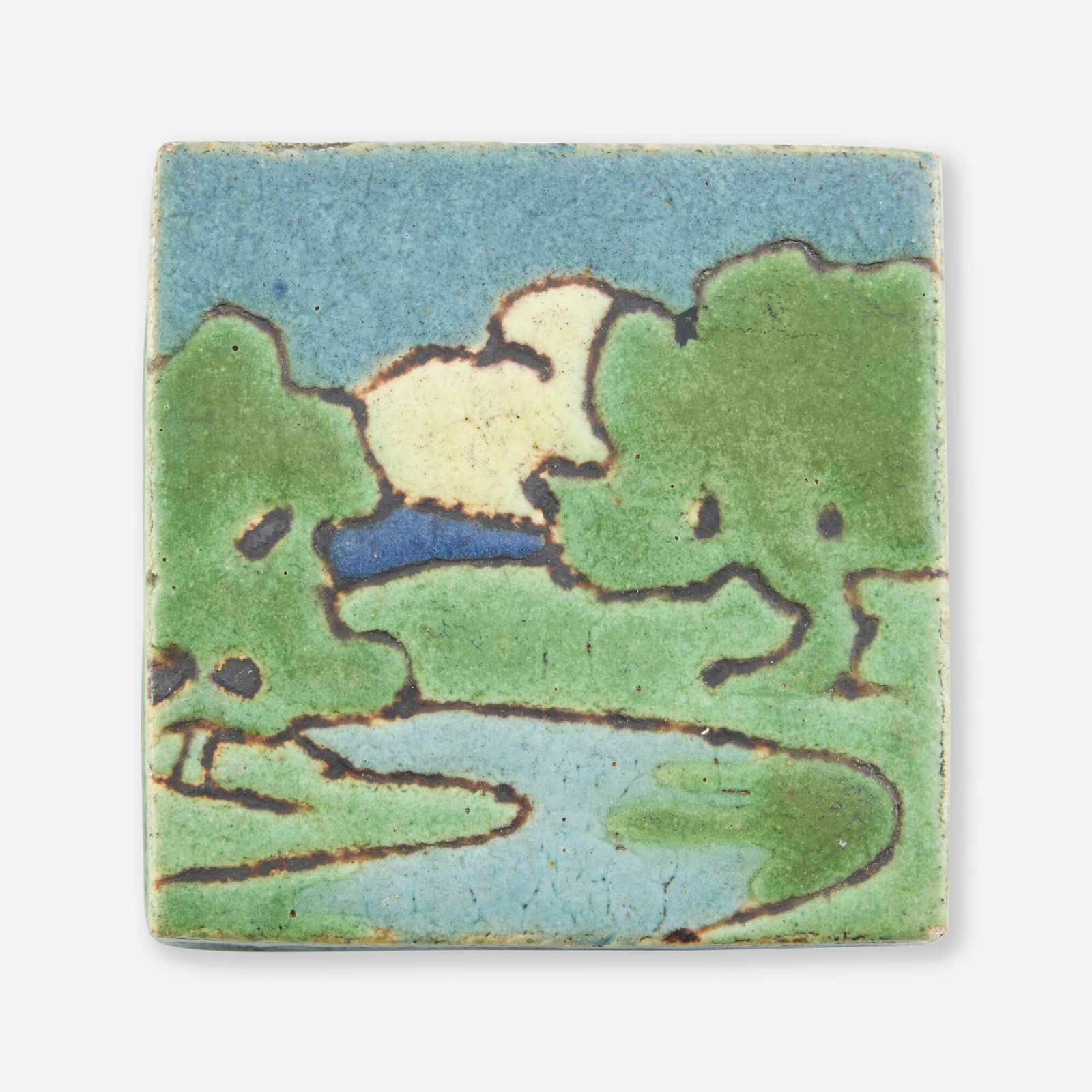 Grueby Faience Company, Trivet with oak trees and creek: Grueby Faience Company Trivet with oak trees and creek USA, c. 1910glazed earthenware decorated in cuenca 4 h x 4 w x .75 d in (10 x 10 x 2 cm) This work will ship from Lambertvil