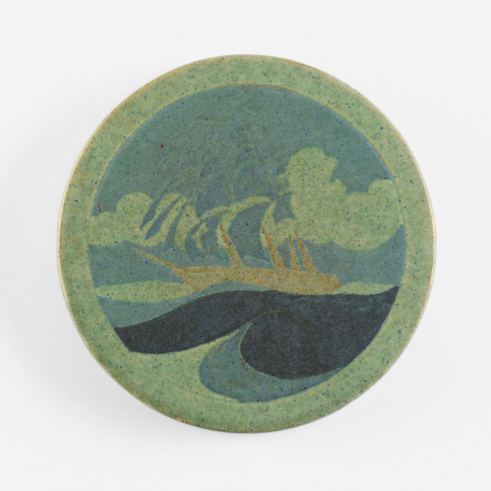 Marblehead Pottery, Fine trivet tile with ship (1 of 3)