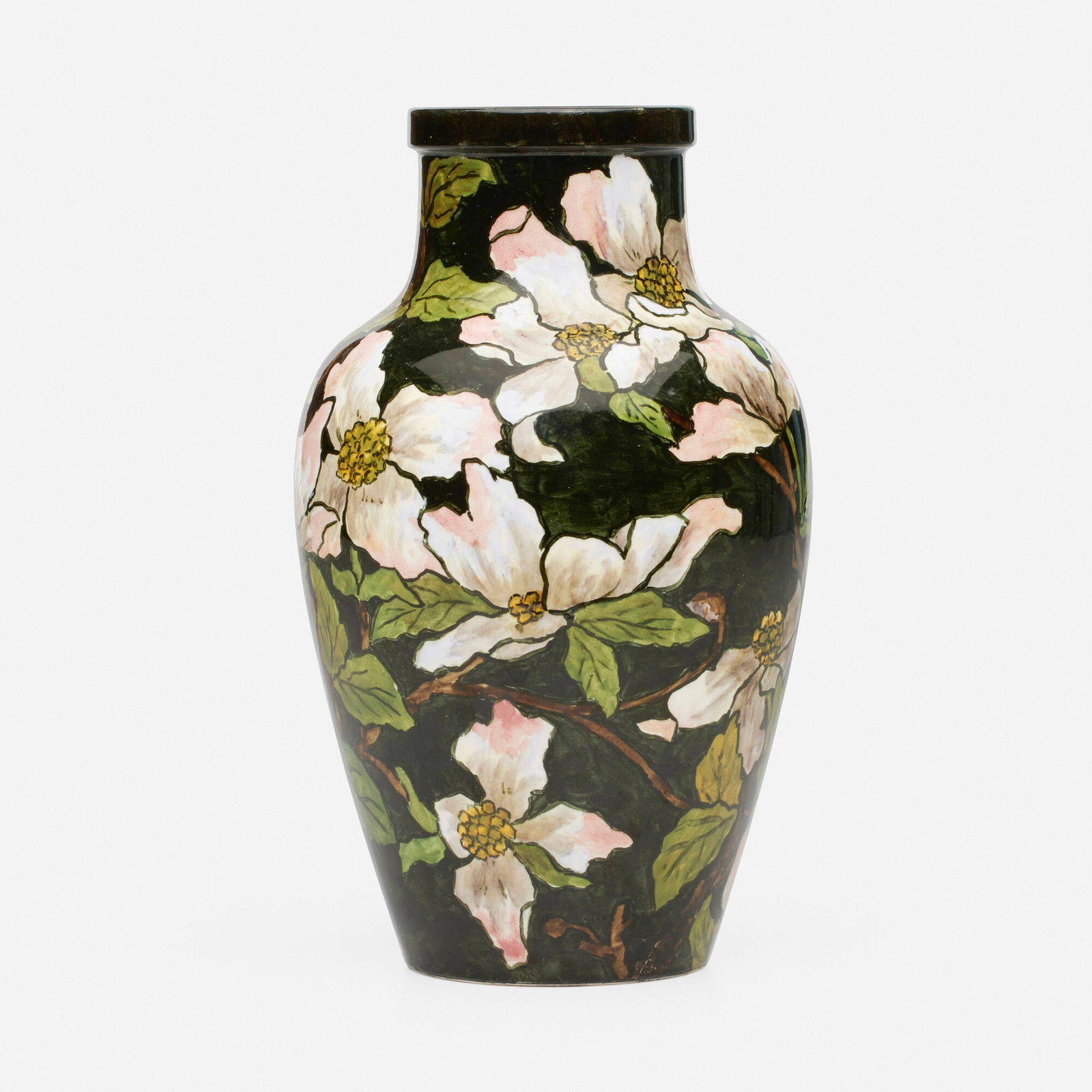 John Bennett, Vase with dogwood blossoms: John Bennett Vase with dogwood blossoms England/USA, 1882glazed earthenware 8 h x 4.75 dia in (20 x 12 cm) Glazed signature and date to underside 'J Bennett New York '82 R'. Pro