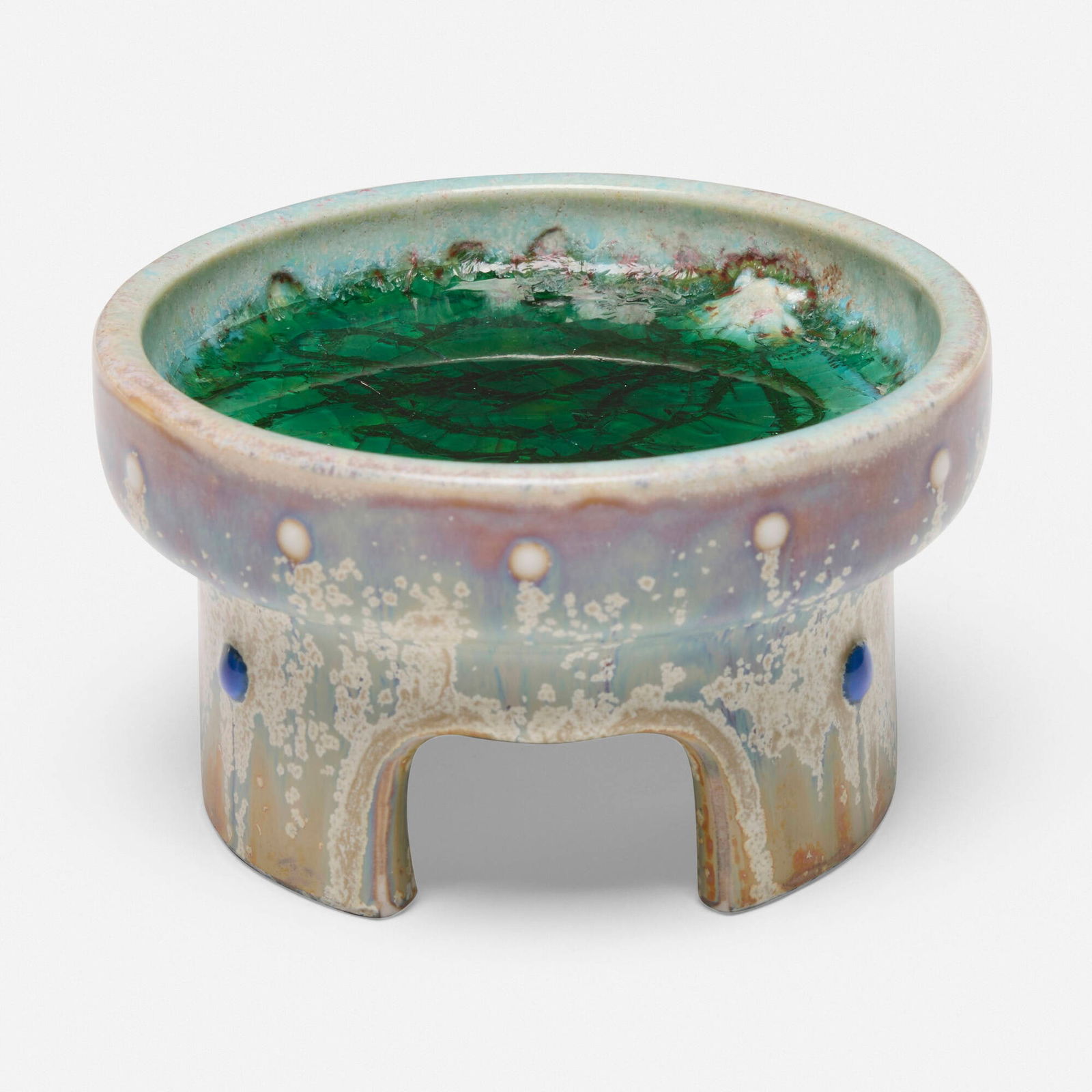 Taxile Doat, Vide-poche with seashell and seaweed: Taxile Doat Vide-poche with seashell and seaweed France, 1909crystalline-glazed porcelain 3 h x 5 dia in (8 x 13 cm) Glazed signature and date to underside 'TDoat Sevres 1909'.