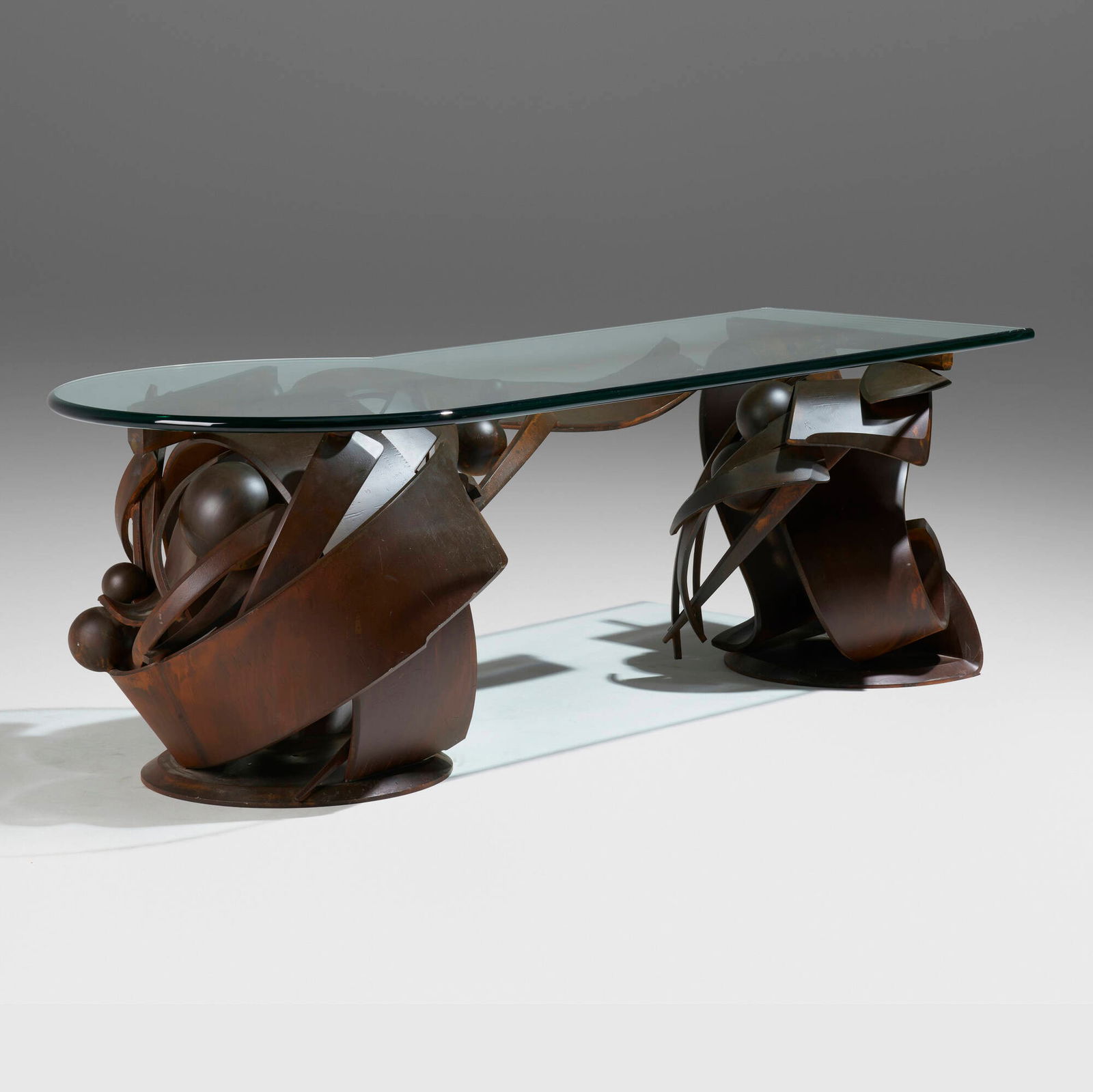 Albert Paley, Partner's desk for Rosecliff, Inc., New York: Albert Paley Partner's desk for Rosecliff, Inc., New York USA, 1994formed and fabricated steel, glass 29.5 h x 84 w x 38.25 d in (75 x 213 x 97 cm) Impressed signature and date to base of one