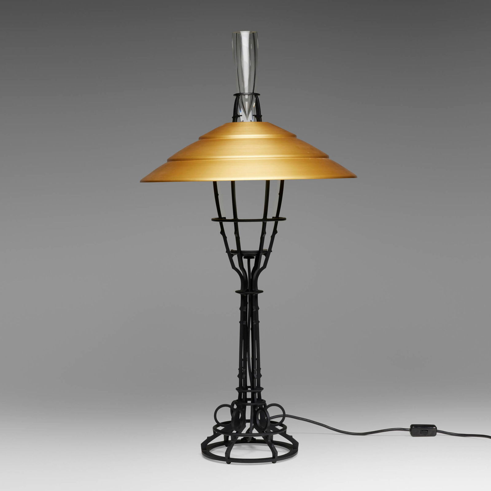 Albert Paley, Corona lamp: Albert Paley Corona lamp USA, 2000forged and fabricated steel with monochromed finish, anodized aluminum, frosted glass, clear glass 38 h x 19 dia in (97 x 48 cm) Impressed signature, date and