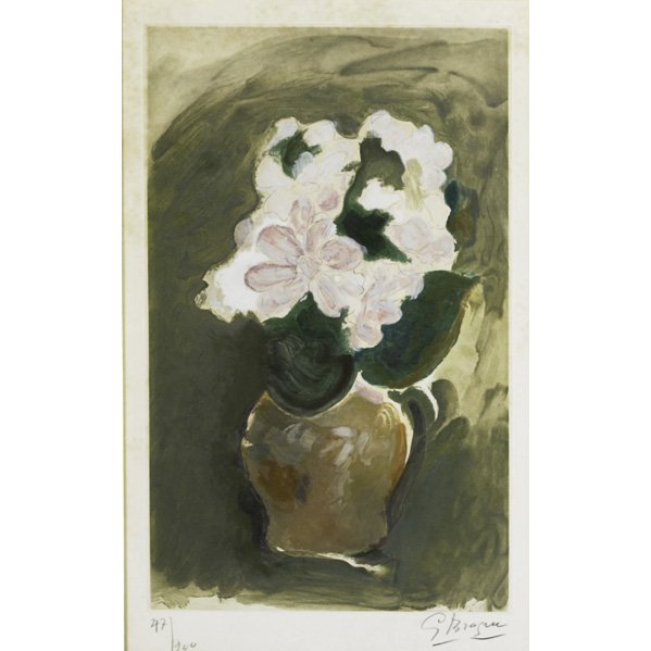 Georges Braque (French, 1882-1963): Les Fleurs Violets; Etching and aquatint in colors (framed); Signed and numbered 47/200; 19" x 11 5/8" (plate), 21" x 13" (sight); Provenance: Private Collection, New Jersey