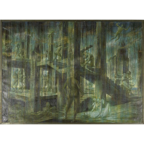 Edward Laning (American, 1906 - 1981): The Building, ca. 1955; Oil on canvas (framed); Titled; 39 1/4" x 53 3/4"; Exhibition: Paintings and Drawings: Edward Laning, Kennedy Galleries Inc., New York, March 21 - April 18, 1992; Provenance: P