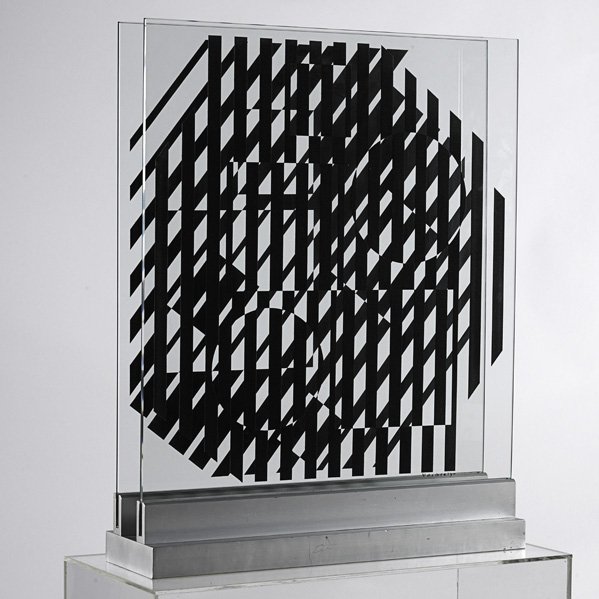 Victor Vasarely (French/Hungarian, 1906-1997): Nethe, ca. 1964; Oil on two pieces of plate glass set in a metal base 3” apart; Signed, titled and numbered 1/5; 29" x 24" (glass) each; Metal base, 2" high; Literature: Art International, April 196