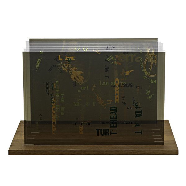 John Cage (American, 1912-1992) and Calvin Sumsion: Not Wanting to Say Anything About Marcel; Plexigram I-VIII, 1969; Eight screenprints on Plexiglas mounted to wood base; Signed on board and numbered 42/125 on booklet; 14 1/2" x 24" x 14 1/2"; Provena