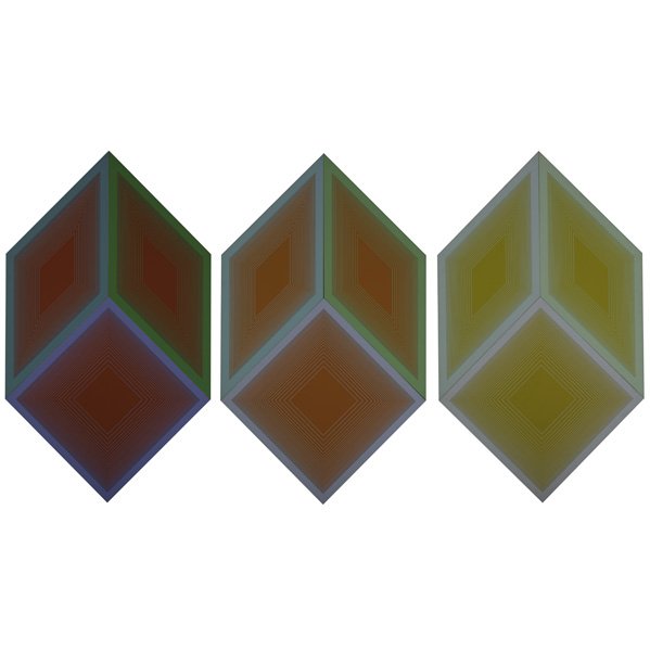 Richard Anuszkiewicz (American, b. 1930): Volumes: A Variable Multiple, 1970; Nine screenprints on plastic panel (in original box); Signed, dated and numbered 146/150 on paper labels; 33 1/2" x 15" (six rhomboid pieces), 19 3/4" x 19 3/4" (th