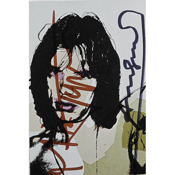 Andy Warhol (American, 1928-1987): Mick Jagger, 1975; Two offset lithographs in colors; Signed by both Andy Warhol and Mick Jagger; 6" x 4" each; Printer: Castelli Graphics, New York; Publisher: Seabird Editions; Provenance: Private Co