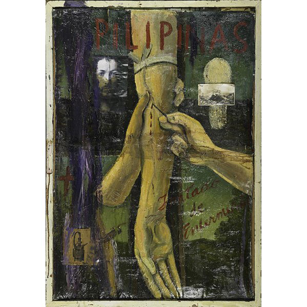 Manuel Ocampo (Filipino, b. 1965): Injection (Pilipinas), 1989; Oil and collage on un-stretched canvas (framed); 35 1/4" x 23 5/8" (irregular); Provenance: Track 16 Gallery, Santa Monica, CA; Private Collection Note: Accompanied by boo