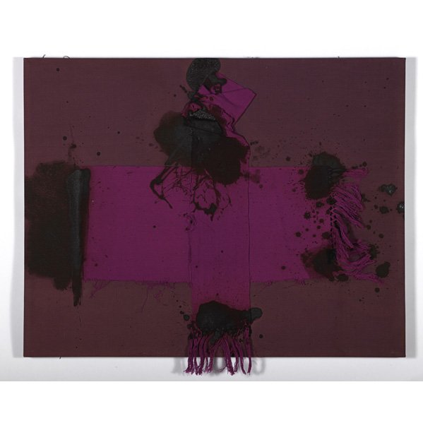 Michael Tracy (American, b. 1943): Cruz de sangre I (from a suite of four), 1989; Acrylic rebozo on cotton canvas with enamel; 36 3/8" x 46 3/8"; Provenance: Gallery Paule Anglim, San Francisco (label on verso); Private Collection, New