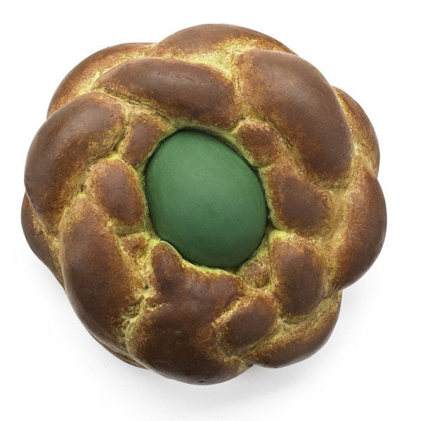 Jeff Koons (American, b. 1955): Bread with Egg (Green), 1995; Painted Hydrocal; Signed, dated and numbered 192/250 with inscription: Special Edition for Armitage Foundation; 6" diameter; Provenance: Private Collection