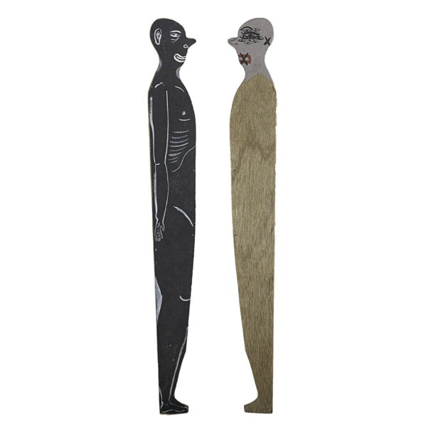 Chris Johanson (American, b. 1968): Untitled (Man); Painted wood (both sides); 44" x 5 1/4"; Provenance: Private Collection, New York