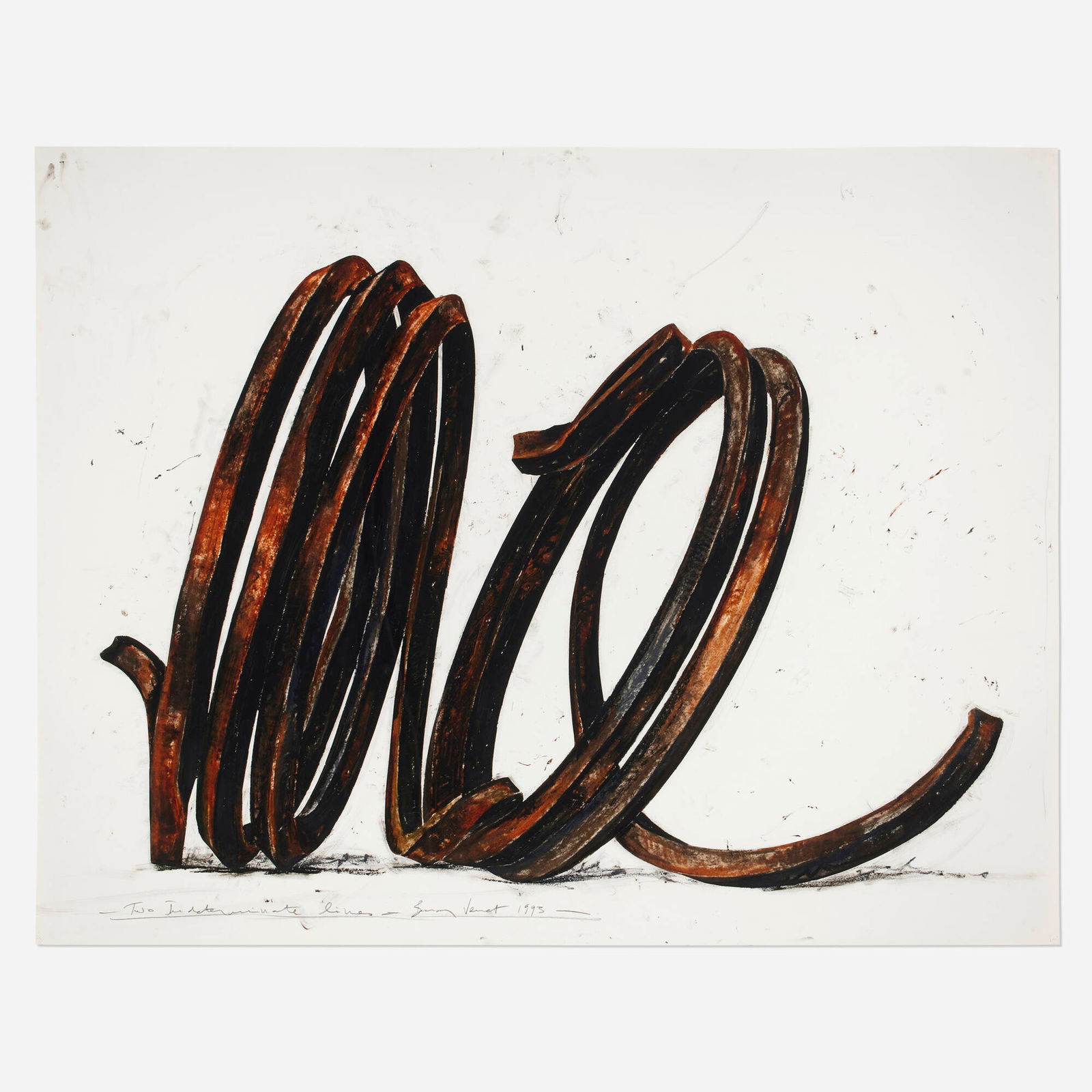 Bernar Venet, Two Indeterminate Lines: Bernar Venet Two Indeterminate Lines 1993oilstick and charcoal on paper 50 h x 64.5 w in (127 x 164 cm) Signed, titled and dated to lower edge 'Two Indeterminate Lines Bernar Venet 1993'. This