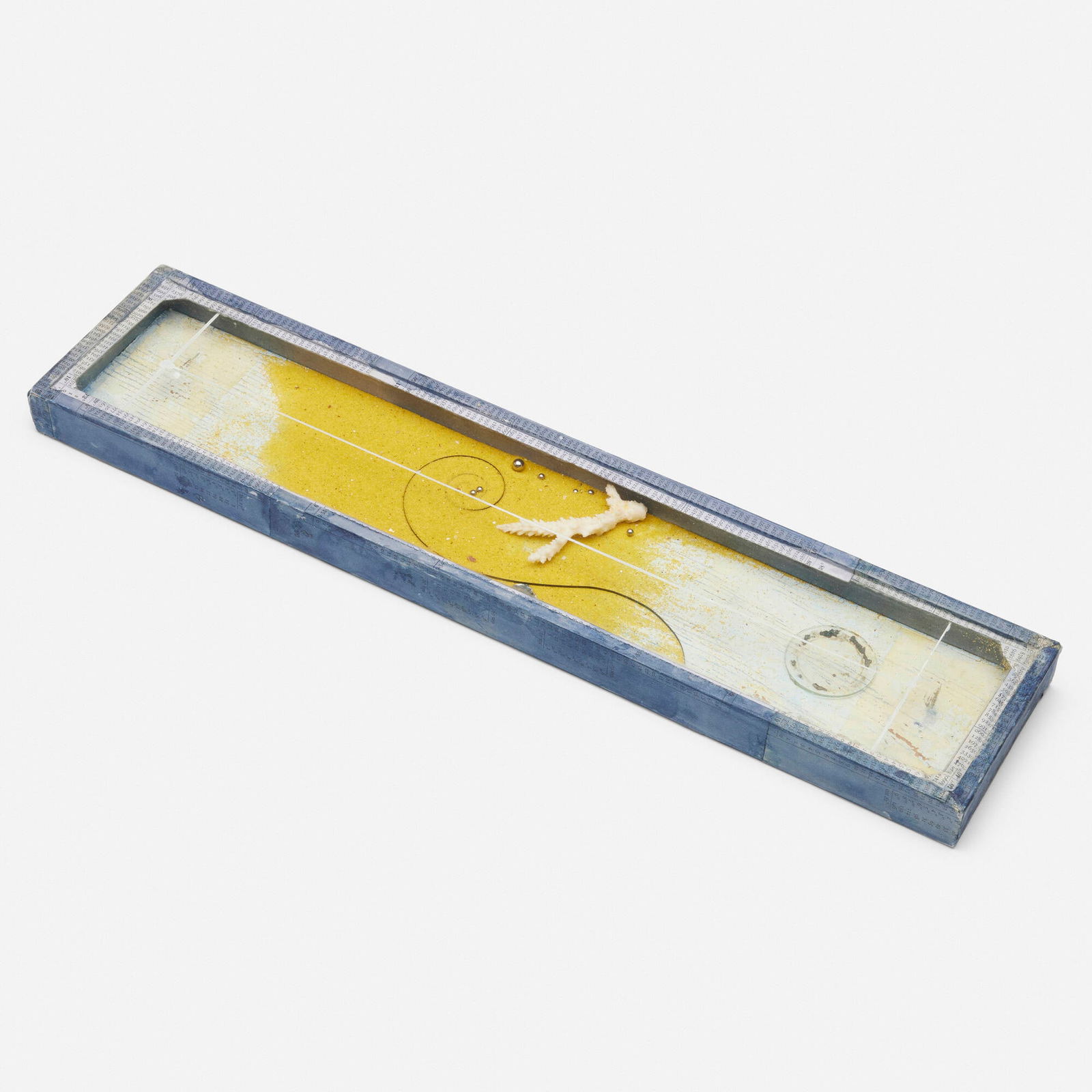 Joseph Cornell, Untitled (Yellow Sand Tray) (from the Sand Prison from Celestial Navigation series): Joseph Cornell Untitled (Yellow Sand Tray) (from the Sand Prison from Celestial Navigation series) 1956mixed media 1 h x 3.875 w x 17.375 d in (3 x 10 x 44 cm) Provenance: Col