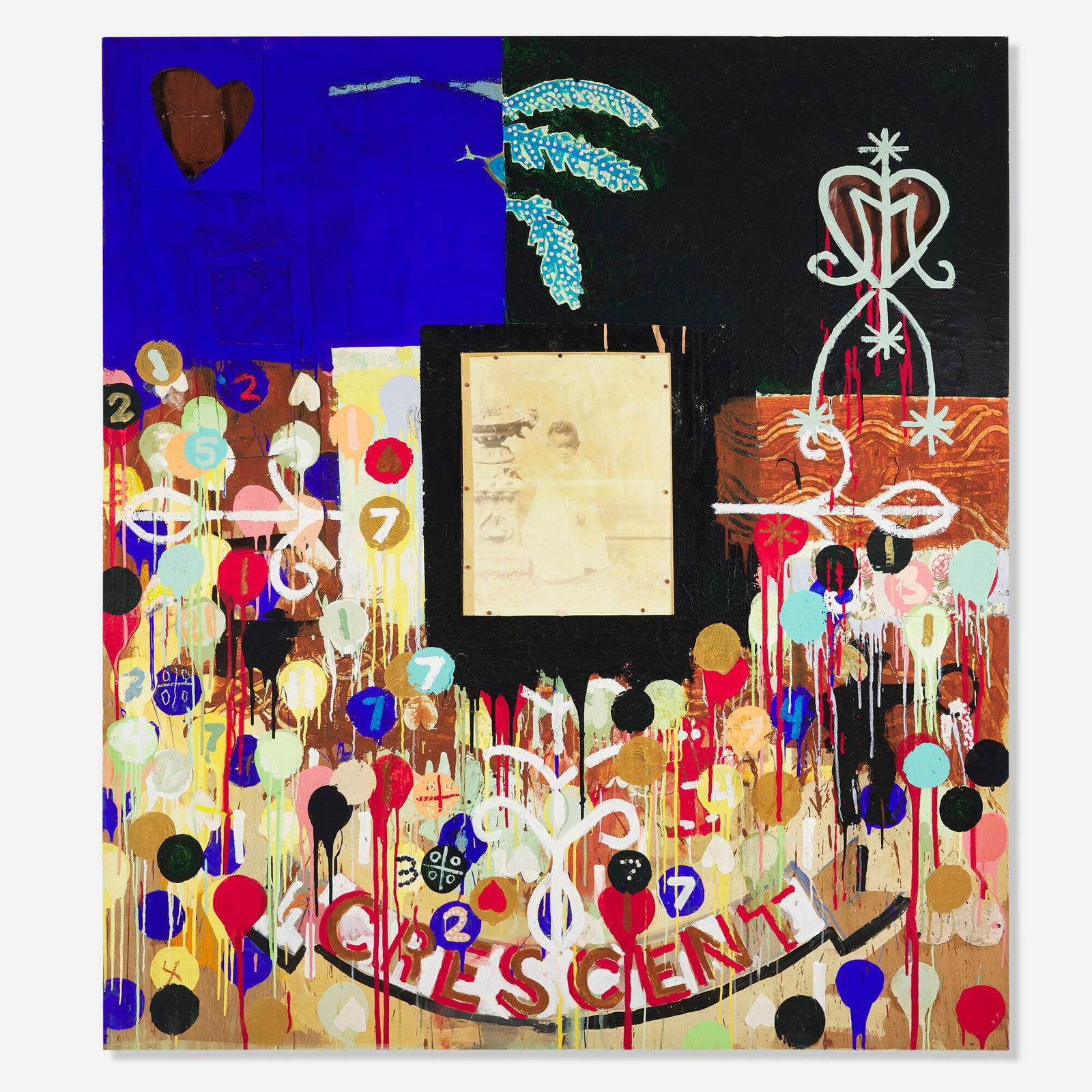 Radcliffe Bailey, Crescent: Radcliffe Bailey Crescent 1994mixed media construction and collage on wood 80 h x 71.875 w x 2.875 d in (203 x 183 x 7 cm) Signed and dated to verso 'Radcliffe Bailey 1994'. Pro