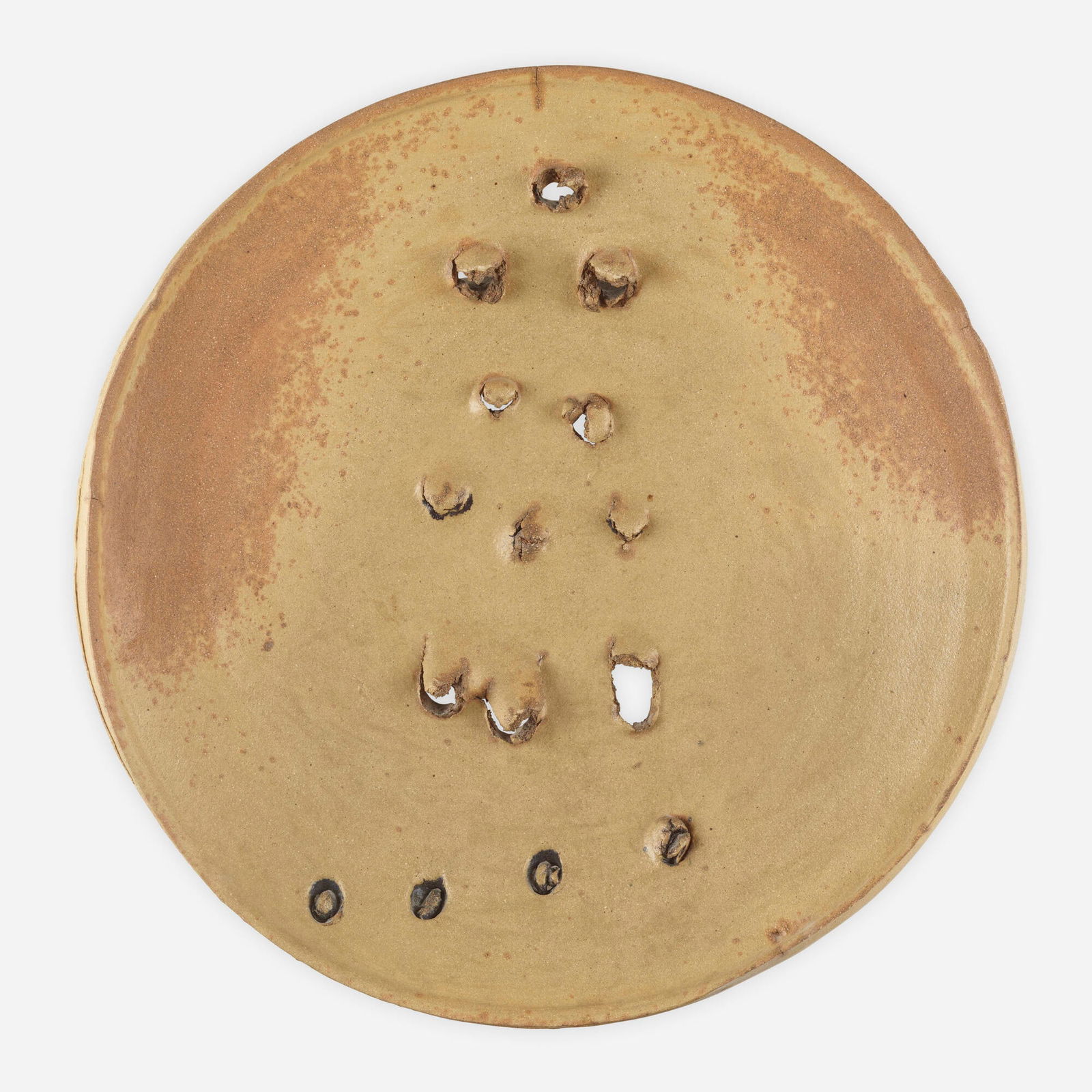 Peter Voulkos, Untitled (Plate): Peter Voulkos Untitled (Plate) 1973glazed and gouged gas-fired stoneware 3.25 d x 18.75 dia in (8 x 48 cm) Glazed signature and date to underside 'Voulkos 73'. Provenance:
