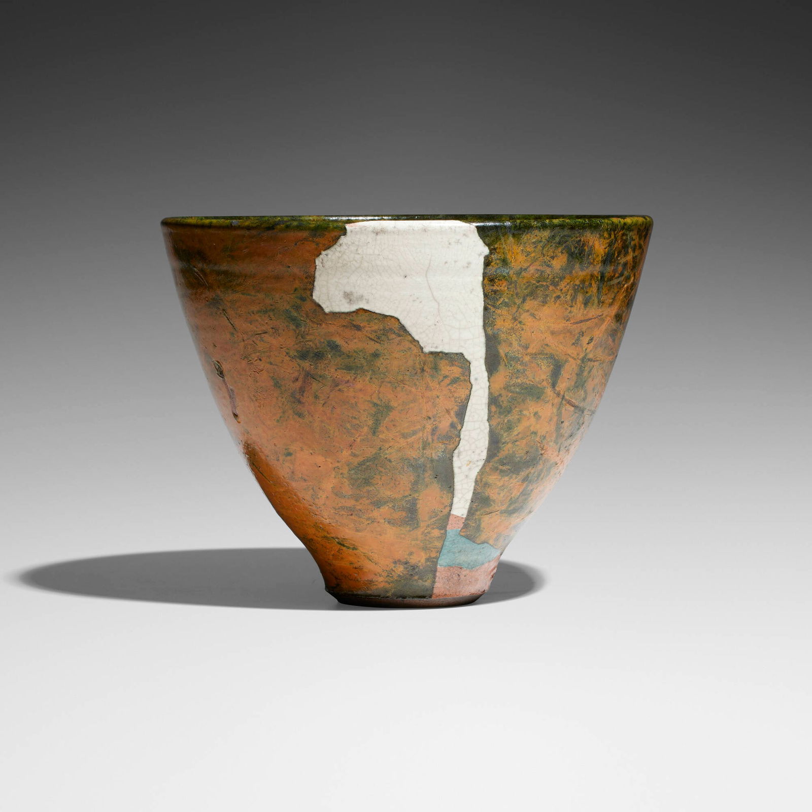 Wayne Higby, Curtain Gap: Wayne Higby Curtain Gap c. 1980glazed and raku-fired earthenware 8.5 h x 10.75 dia in (22 x 27 cm) Impressed artist's chop mark to edge of base. Sold with a digital copy of the invoice from Ex