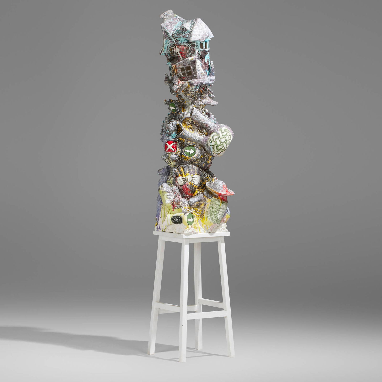 Michael Lucero, House Hunter Totem: Michael Lucero House Hunter Totem 2006-07glazed ceramic, painted wood, steel 82.25 h x 18.5 w x 15.5 d in (209 x 47 x 39 cm) Glazed signature, date and inscription to body 'Michael Lucero Nyac