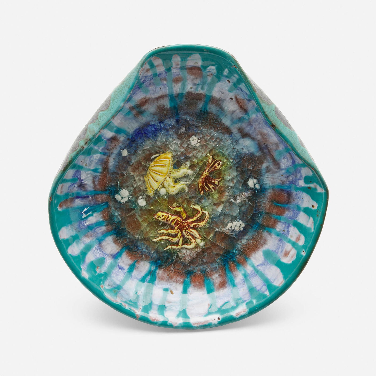 Beatrice Wood, Charger with sea creatures: Beatrice Wood Charger with sea creatures c. 1950crackle-glazed earthenware 2.75 h x 9.75 w x 9.5 d in (7 x 25 x 24 cm) Slip signature to underside 'Beato'. Provenance: