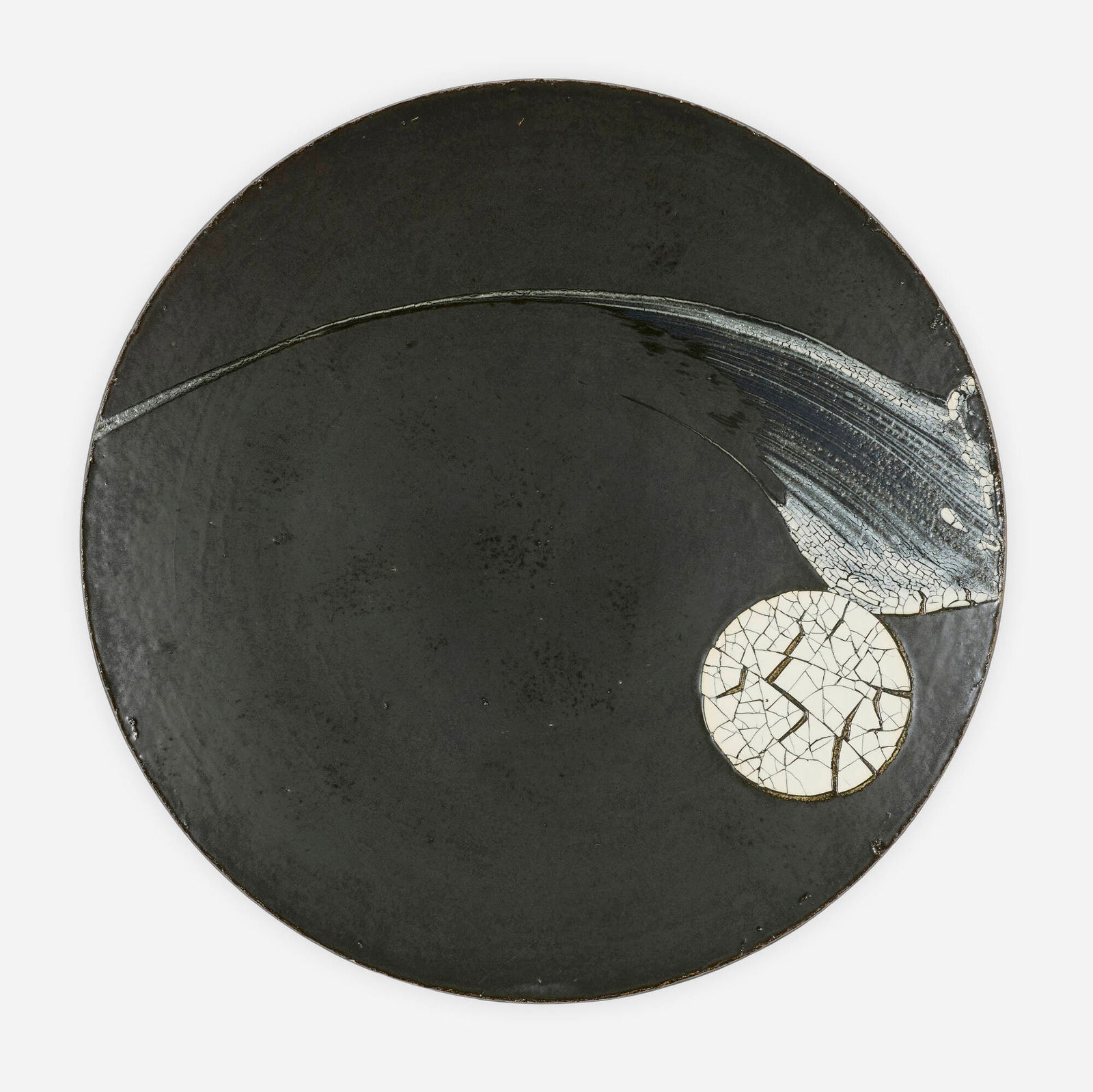 Robert Sperry, Monumental charger: Robert Sperry Monumental charger 1986glazed stoneware with white slip 4 h x 27.75 dia in (10 x 70 cm) Incised signature and date to reverse '#692 Sperry 86'. This work will