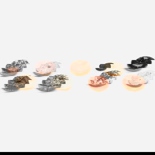David Gilhooly, Collection of eight works: David Gilhooly Collection of eight works 1973glazed earthenware largest: 1.5 h x 3.5 dia in (4 x 9 cm) smallest: .3785 h x 1.75 dia in (1 x 4 cm) Lot is comprised of seven donuts and one Or