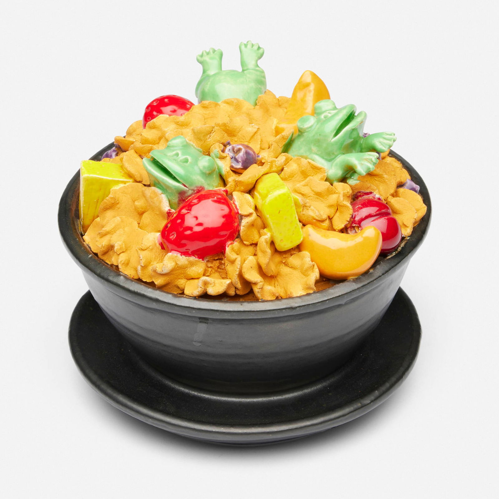 David Gilhooly, Wheaties and Mega Fruit (from the Frog Food series): David Gilhooly Wheaties and Mega Fruit (from the Frog Food series) 1991glazed earthenware 5.25 h x 6.5 dia in (13 x 17 cm) Incised signature, title and date to underside 'Wheaties and Mega Fru