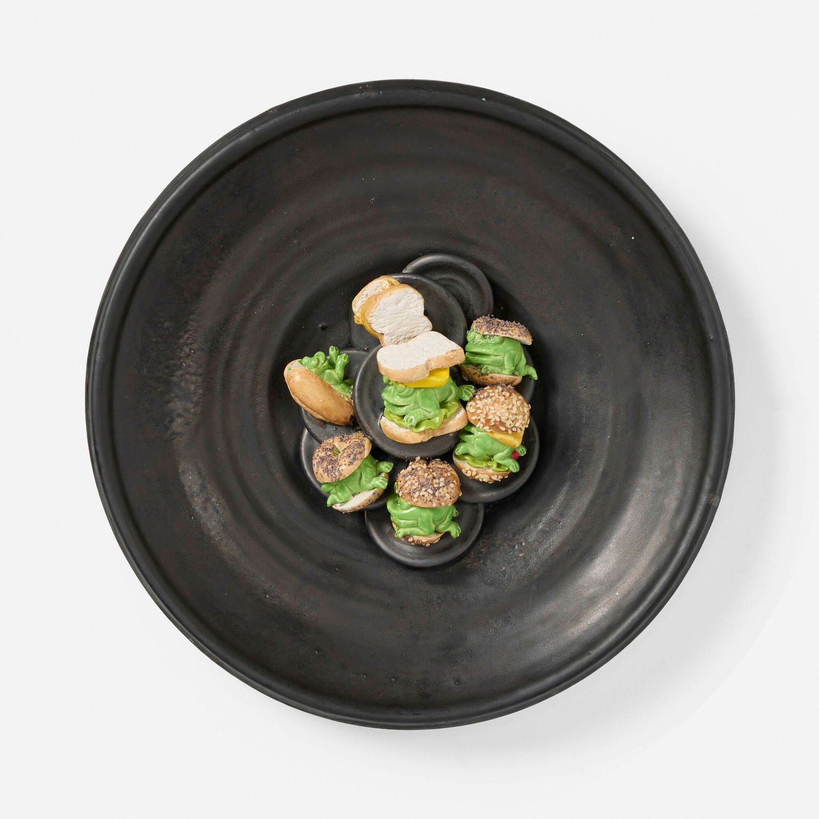 David Gilhooly, Diet Frog Platter: David Gilhooly Diet Frog Platter 2009glazed and painted earthenware, mixed media 4 d x 14 dia in (10 x 36 cm) Incised signature and date to underside 'Gilhooly 2009'. Provenance